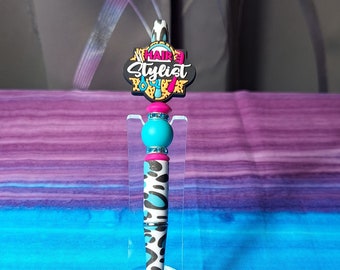 Hair Stylist with Cheetah Pen, Silicone beaded pen, pen, Ballpoint Ink Pen, Gift for, Hair Stylist, Focal, Stylist, Beautician, teal spots