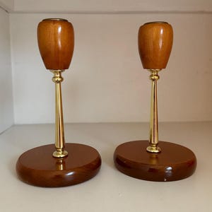 Vintage Pair of MCM Style Oregon Myrtle Wood & Gold Trim Taper Candle Holderes