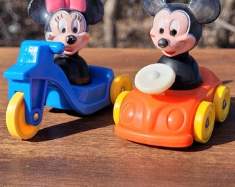 Vintage Mickey And Minnie Mouse With Car and Scooter Little People Figures