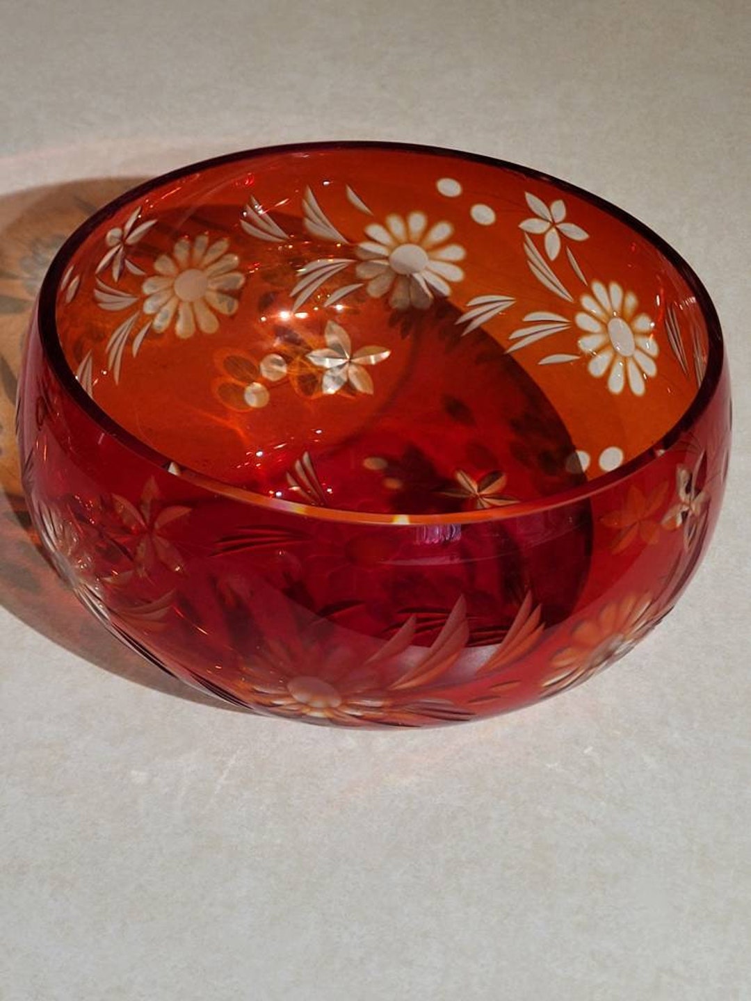 Bohemian Czech Ruby Red Orange Cut to Clear Glass Bowl Etsy