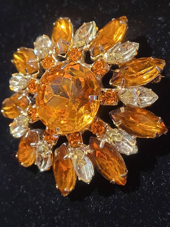 Vintage Citrine Topaz and Orange Sunburst Brooch