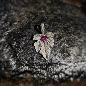 Fig Leaf Garnet Pendant Handmade Unique Fine Silver Boho Hippie Statement Nature Jewelry