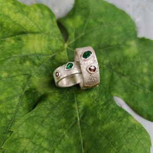 Partner, friendship and engagement wedding rings design ideas in fine silver and gold boho hippie handmade unique yoga angel healing stone