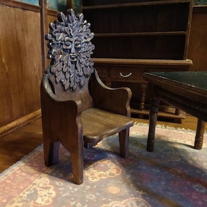 Medieval / Tudor Handcarved Celtic GREENMAN or ENT Throne Arm Chair Wizard, Witch, Viking, Artisan crafted, Dollhouse Furniture 1:12 Scale