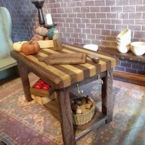 Handcarved Walnut Work Table / Island with Potboard Shelf, Artisan Crafted, Medieval / Tudor Dollhouse Miniature Furniture 1:12 scale
