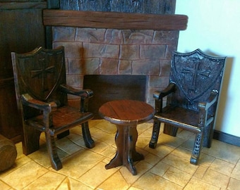 Tudor Medieval Knight Hand Carved Arm Chairs (pair) Shield back with Templar Cross Artisan Crafted, Dollhouse Miniature Furniture 1:12 scale