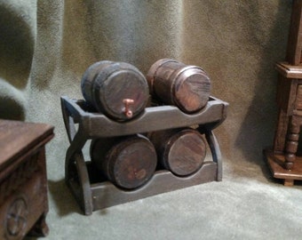 Dollhouse Miniature Tudor Medieval Barrel Rack with Barrels, Artisan Made