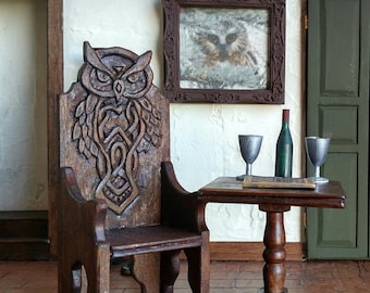 Handcarved Celtic OWL Throne Arm Chair Medieval, Wizard, Witch, Artisan crafted, Dollhouse Furniture 1:12 Perfect for Harry Potter