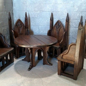 Gothic Castle THRONE CHAIRS & TABLE, Artisan HandCarved, Medieval / Tudor Dollhouse Miniature Furniture 1:12 scale