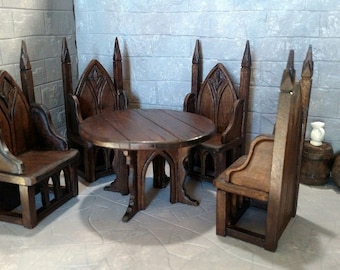 Gothic Castle THRONE CHAIRS & TABLE, Artisan HandCarved, Medieval / Tudor Dollhouse Miniature Furniture 1:12 scale