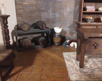 Dollhouse Miniature Tudor Medieval Barrel Rack With Barrels