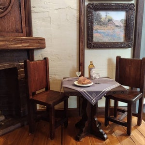 Rustic Counter Height Pub / Bistro Table and Bar Stools Chairs (pair) Artisan Crafted, Dollhouse Miniature Furniture 1:12 scale
