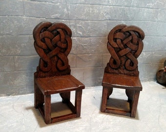 Witch / Wizard Hand Carved Celtic Knot Side Chairs (pair) Artisan Crafted, Medieval / Tudor Dollhouse Miniature Furniture 1:12 scale