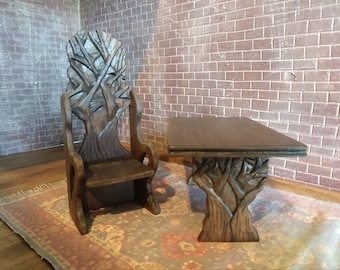 Medieval Hand Carved Druids' Tree Throne Chair, Artisan Made Dollhouse Miniature Furniture 1:12 Perfect for Wizards and Witches