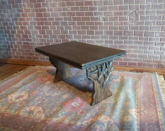 Medieval Hand Carved Druids' Tree Trestle Table, Artisan Made Dollhouse Miniature Furniture 1:12 Perfect for Wizards and Witches