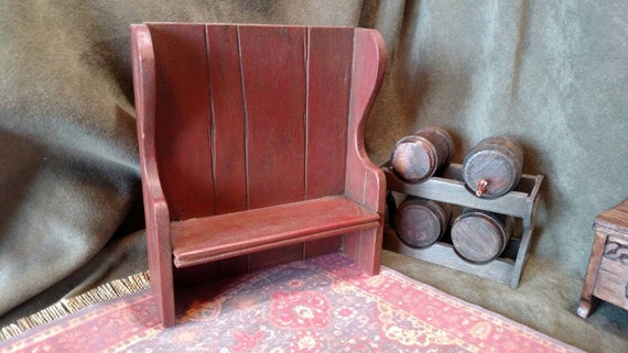 Dollhouse Miniature Artisan Red Aged Wooden Bench Signed 