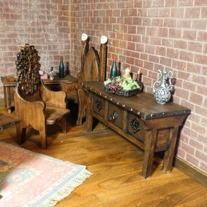 Henry VIII Tudor Table or Sideboard with nailhead and Iron Accents  Artisan Crafted, Dollhouse Miniature Furniture 1:12 scale