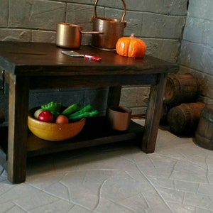 Walnut Center Work Prep Table / Island with Potboard Shelf, Artisan Crafted, Medieval / Tudor Dollhouse Miniature Furniture 1:12 scale
