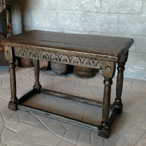 Handcarved Walnut Center / Work Table, Kitchen Island, Artisan Hand Carved Medieval / Tudor Dollhouse Miniature Furniture 1:12 scale