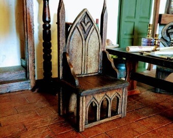 Gothic Castle Throne Chair Artisan HandCarved, Medieval / Tudor Dollhouse Miniature Furniture 1:12 scale