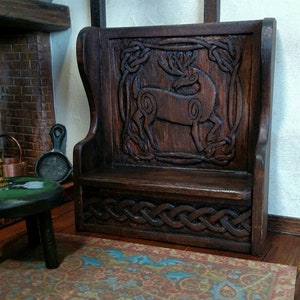 SETTLE / High Back BENCH Handcarved Celtic Deer & Celtic Knot Artisan Crafted, Medieval / Tudor Dollhouse Miniature Furniture 1:12 scale