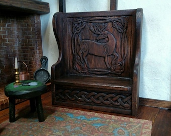 SETTLE / High Back BENCH Handcarved Celtic Deer & Celtic Knot Artisan Crafted, Medieval / Tudor Dollhouse Miniature Furniture 1:12 scale