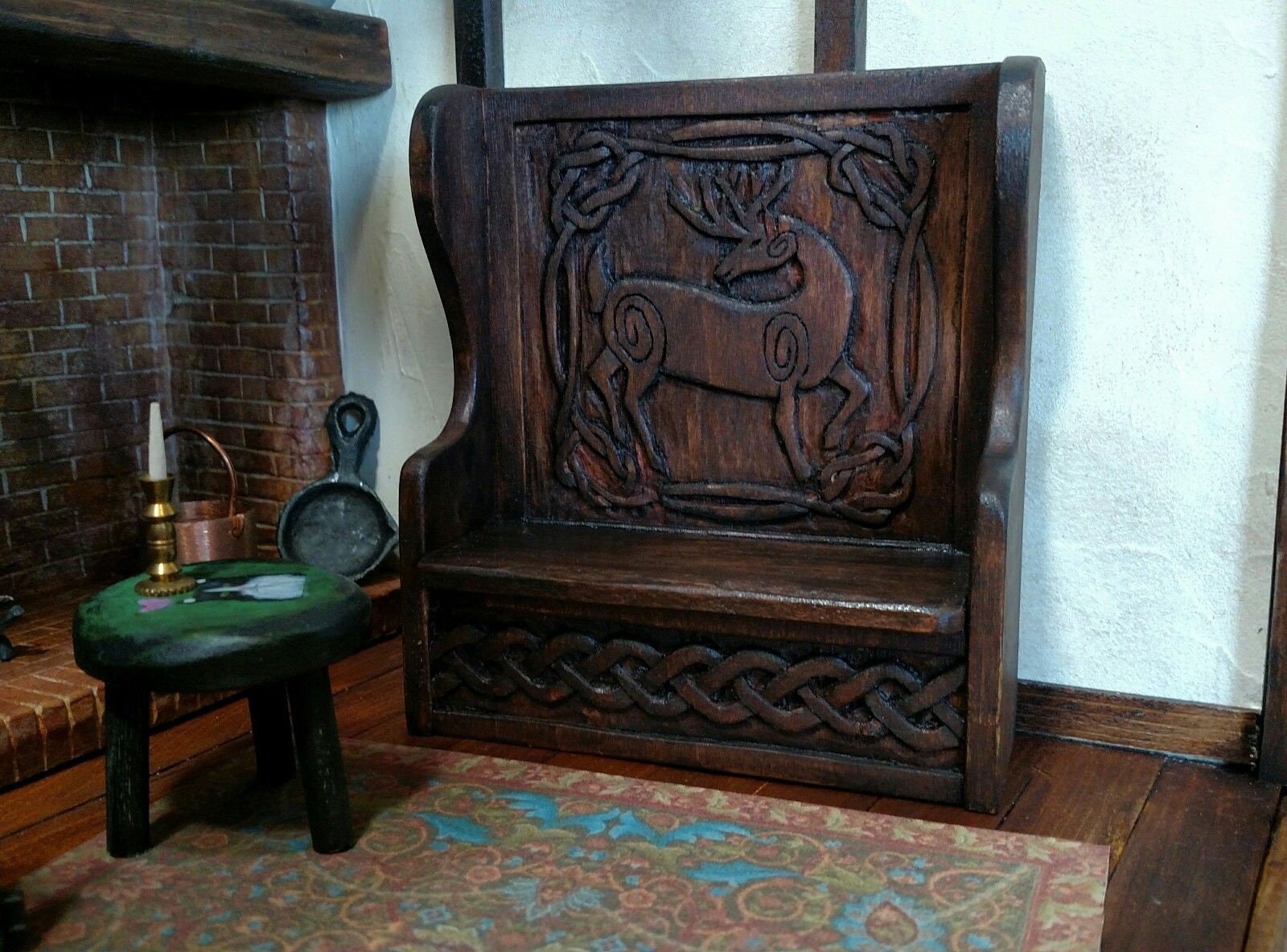 SETTLE / High Back BENCH Handcarved Celtic Deer & Celtic Knot Artisan Crafted, Medieval / Tudor Dollhouse Miniature Furniture 1:12 scale