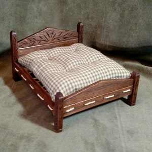 Medieval Rope BED, Handcarved Folkart Floral, Perfect for low ceilings, Artisan Medieval / Tudor Dollhouse Miniature Furniture  1:12 scale
