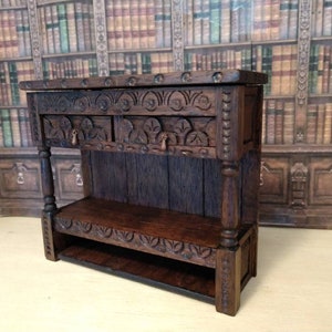 Walnut Handcarved COURT CUPBOARD, Sideboard, Cabinet Medieval / Tudor Dollhouse Miniature Furniture Artisan Crafted, 1:12 scale