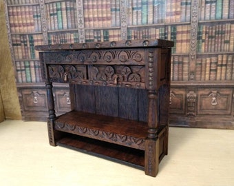 Walnut Handcarved COURT CUPBOARD, Sideboard, Cabinet Medieval / Tudor Dollhouse Miniature Furniture Artisan Crafted, 1:12 scale