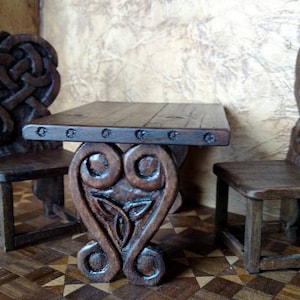 Medieval / Tudor / Wizard or Witch Celtic Knot Trestle Table, Artisan Hand Carved, Dollhouse Miniature Furniture 1:12 Scale