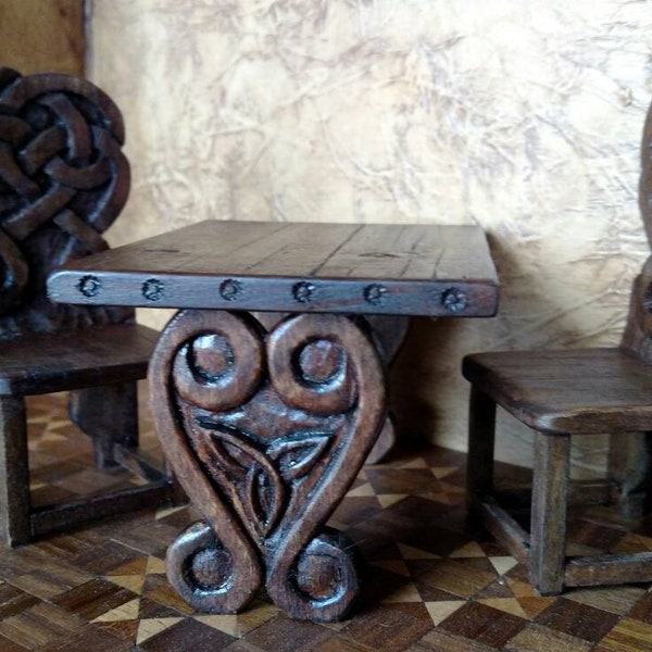 Medieval / Tudor / Wizard or Witch Celtic Knot Trestle Table, Artisan Hand Carved, Dollhouse Miniature Furniture 1:12 Scale