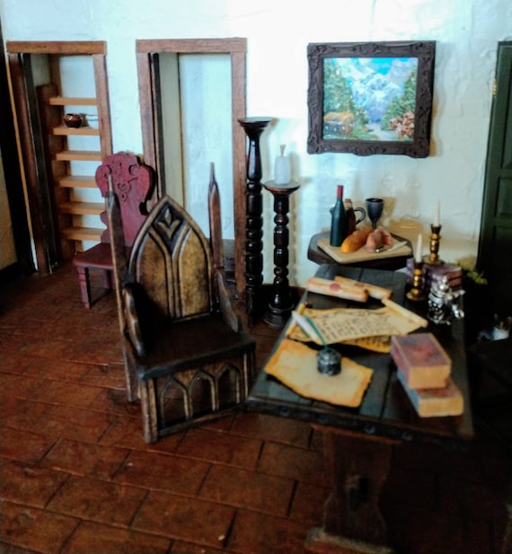 Gothic Castle Throne Chair Artisan Handcarved Medieval Tudor Dollhouse Miniature Furniture 1 12 Scale Etsy UK
