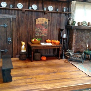 Salem Witch House Kitchen Large Room box Handcrafted, Early Colonial with Walk in Fireplace Dollhouse Miniature Roombox 1/12