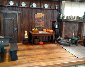 Salem Witch House Kitchen Large Room box Handcrafted, Early Colonial with Walk in Fireplace Dollhouse Miniature Roombox 1/12