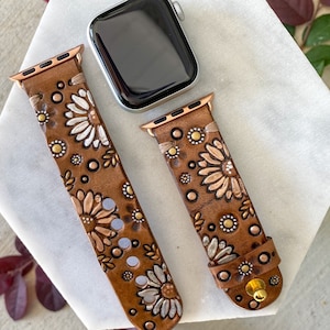 Metallic Tone Daisy Floral Leather Apple Watchband