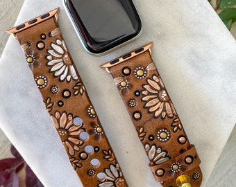 Metallic Mocha Mousse Daisy Floral Leather Apple Watchband