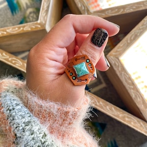 Genuine Leather Statement Turquoise Stud Ring
