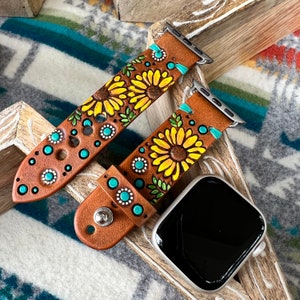 Boho Western Sunflower and Turquoise Leather Apple Watch Band