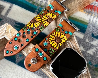 Boho Western Sunflower and Turquoise Leather Apple Watch Band
