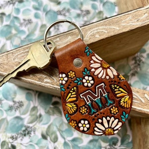 Butterfly Sunflower and Daisy Hand Painted Leather Key Ring