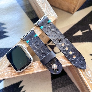 Handmade Genuine Leather Apple Watchband Matte Black Leopard