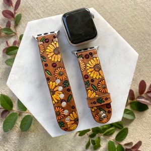 Fall Flowers and Leaves Leather Apple Watch Band