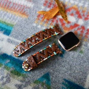 The Pendleton Hand Stamped Turquoise Spiny Oyster Motif Leather Apple Watch Band