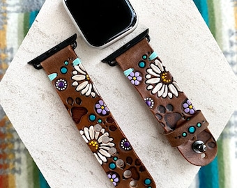 Pet Lover Paw Print and Daisy Floral Genuine Leather Apple Watch Band
