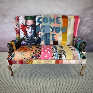Custom upholstered mad hatter eclectic wingback sofa bench,