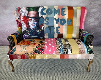 Custom upholstered mad hatter eclectic wingback sofa bench,