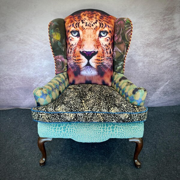 Leopard eclectic custom upholstered designer chair.