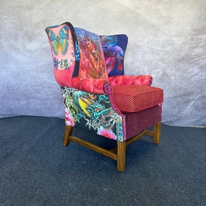 Chinoiserie wingback. custom upholstered eclectic. Butterflies, machine embroidery, dragons, geishas and betta fish.