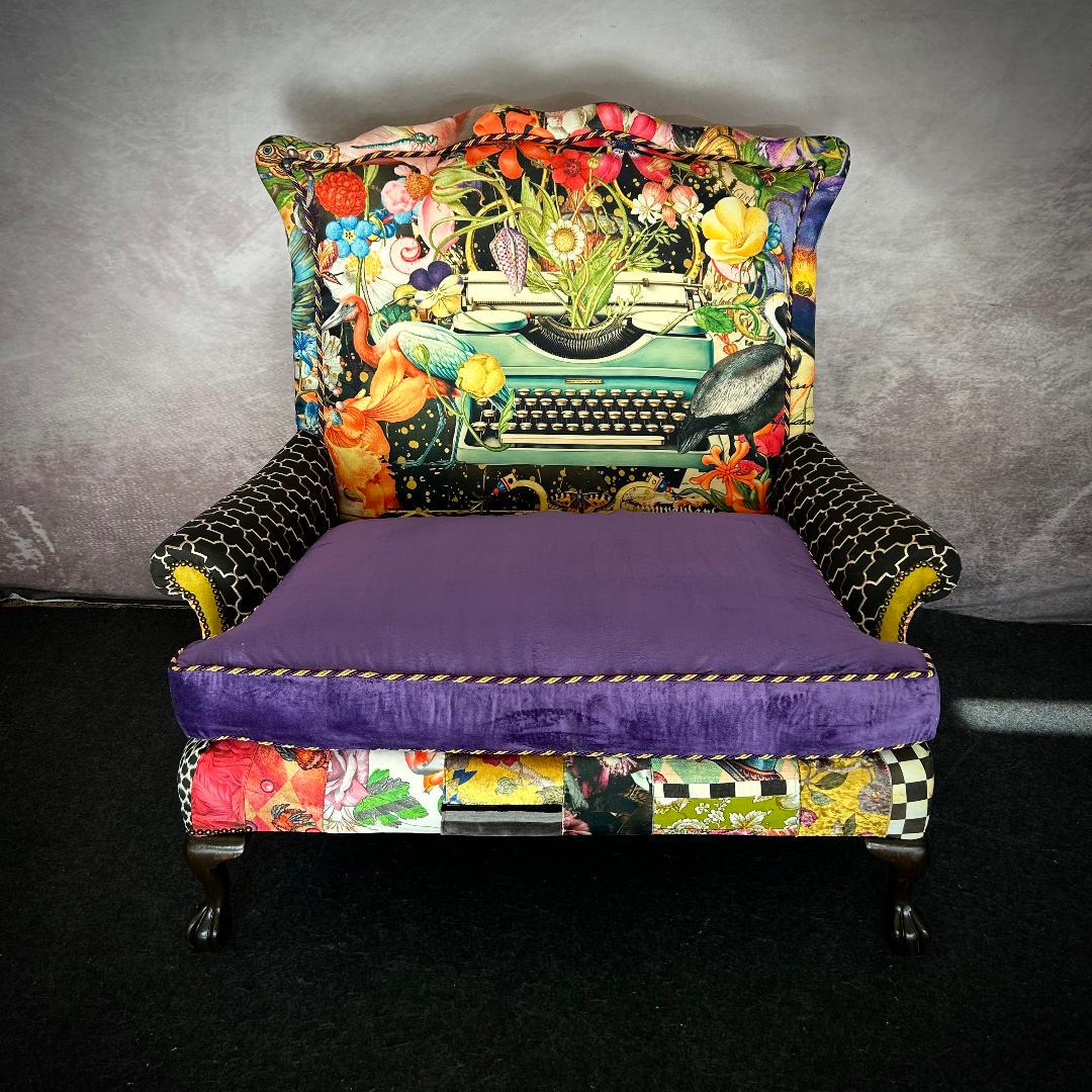 Custom upholstered banquette loveseat with the large image.